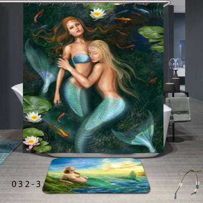 Waterproof shower curtain and bath mat set featuring a mermaid with teal hair and blue-green tail, surrounded by lily pads and pink flowers. - Image 8