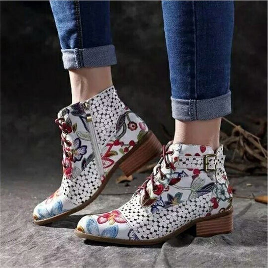 Botas Cortas Estilo Floral con Combinación de Colores para Mujer