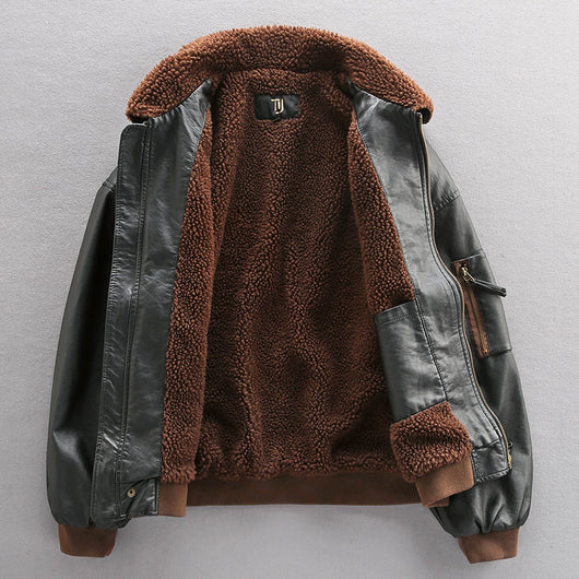 Chaqueta de Cuero Grueso Forrada en Polar para Hombre - Estilo Piloto Aviador - Image 2