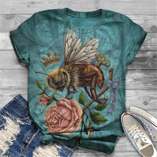 Playera Casual Estampado de Abejas Cuello Redondo Manga Corta Suelta para Mujer - Image 10