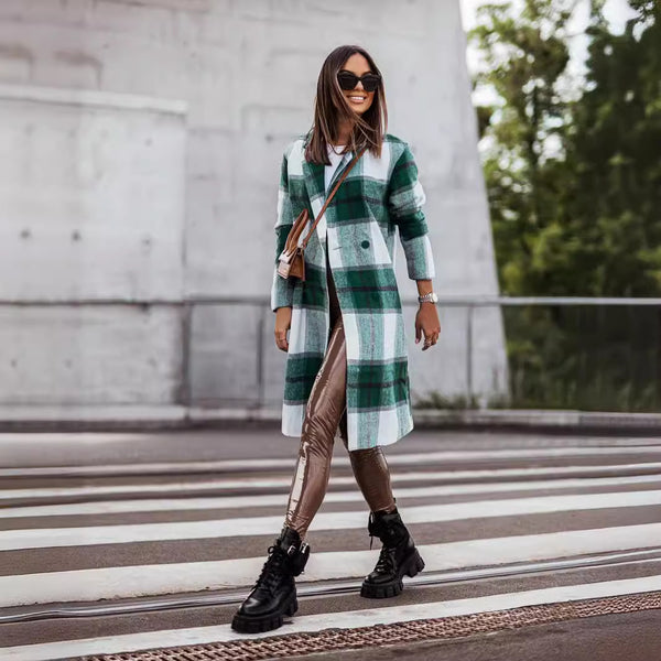 Abrigo de Lana Cuadrille Largo Cepillado Estilo Europeo y Americano para Otoño e Invierno