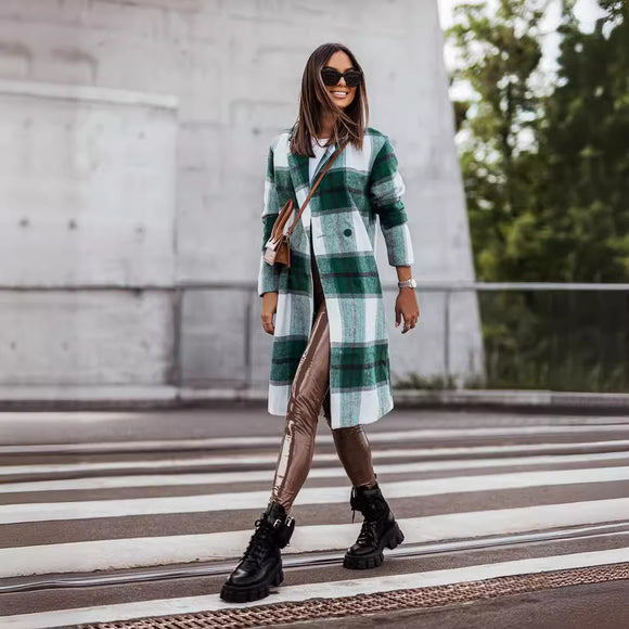 Abrigo de Lana Cuadrille Largo Cepillado Estilo Europeo y Americano para Otoño e Invierno