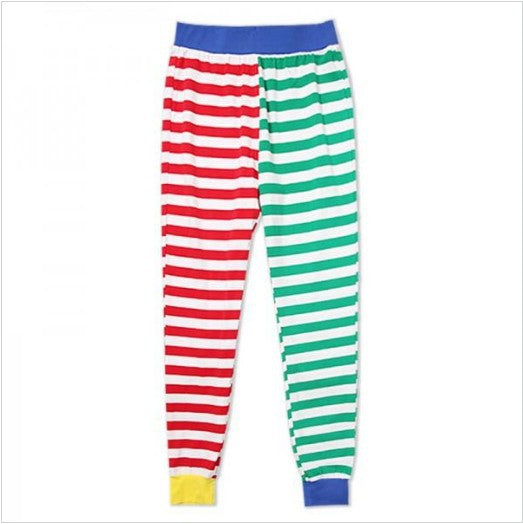 White Christmas parent-child pajama set with Santa Claus and "HO HO HO" graphic, featuring colorful striped sleeves and legs. - Image 3