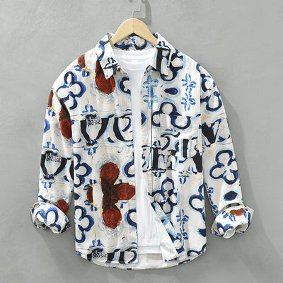 Camisa Estampada de Algodón con Diseño Artístico - Manga Larga Holgada y Casual para Hombre