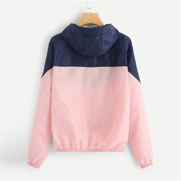 Chaqueta protectora solar para mujer con capucha y costuras bicolor