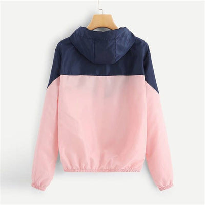 Chaqueta protectora solar para mujer con capucha y costuras bicolor - Image 2