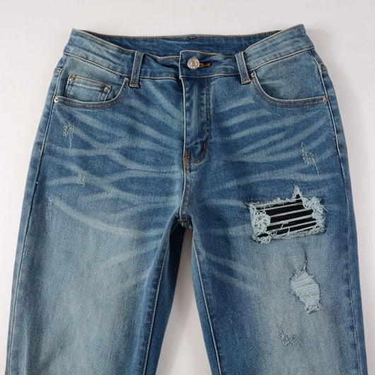 Jeans Vintage Desgastados con Parches de Cuero y Diseño Patchwork para Hombre - Image 26