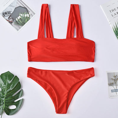 Dark green two-piece swimsuit with a bandeau top featuring horizontal ruching and high-cut bikini bottoms. - Image 8