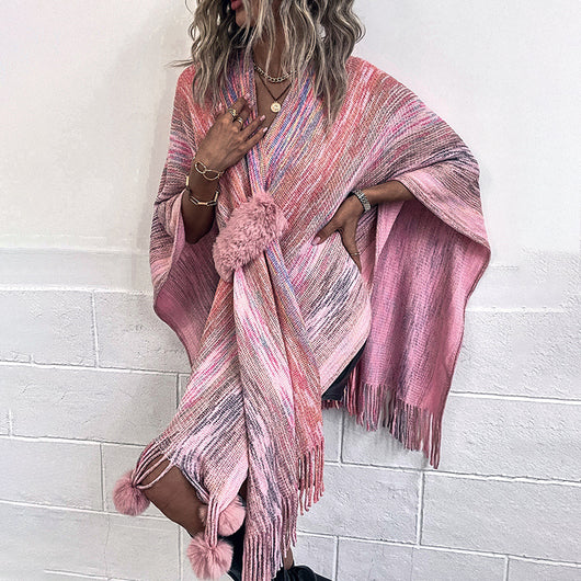 Abrigo Poncho Tejido con Borlas de Colores Contrastantes para Mujer - Image 7