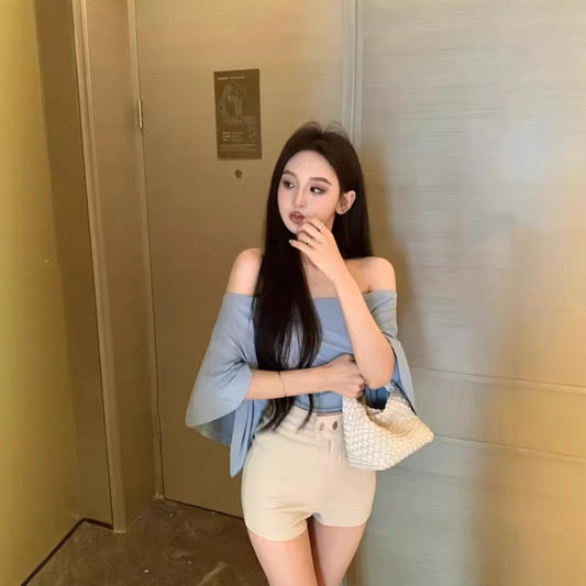 Blusa Escotada Azul para Mujer - Ajuste Ceñido Verano con Cintura Marcada
