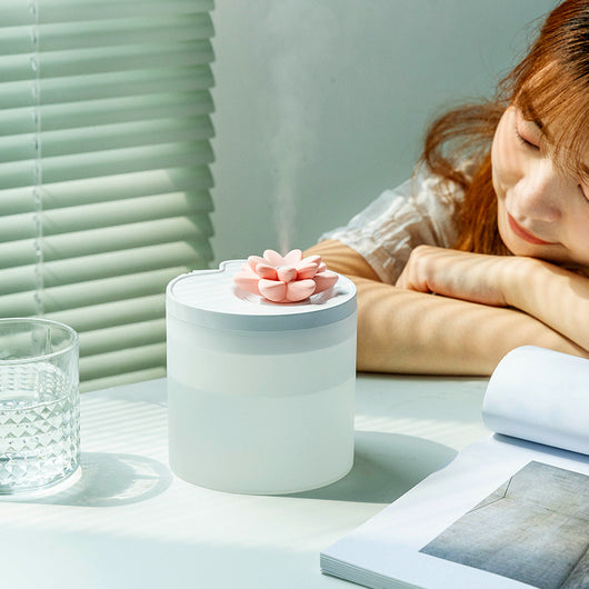 White cylindrical ultrasonic humidifier with a pink lotus flower on top, powered by USB for aromatherapy. - Image 5