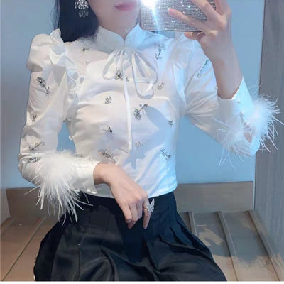 Camisa Monócromo Diamante Manga Larga Cuello Mao - Image 6