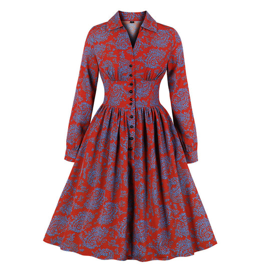Vestido A-Línea Floral Ejecutivo para Mujer con Solapa y Cintura Alta