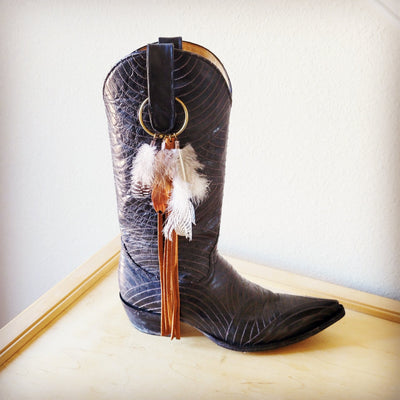**Boho Western Boot Bling Charm with Leather Fringe Cognac 500e