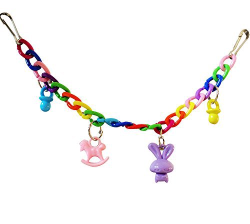 Colorful acrylic chain suspension bridge swing toy with hanging charms for parrots, installed in a white bird cage. - Image 3