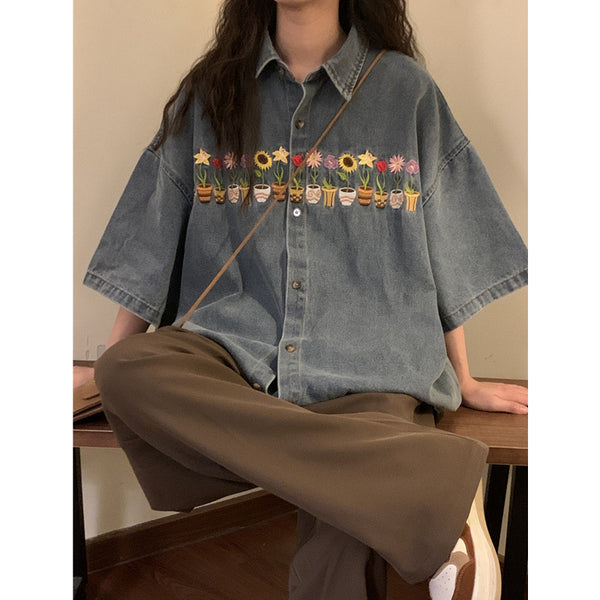 Camisa Vintage Bordada Desgastada Manga Corta - Image 4