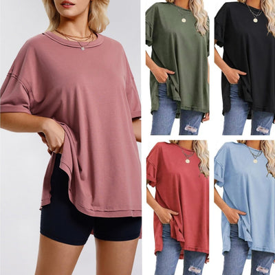 Camiseta Suelta de Algodón con Aberturas Laterales para Mujer
