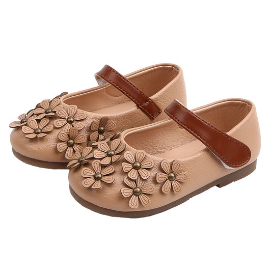Black Mary Jane shoes for girls with 3D flower appliques on the toe and a brown hook-and-loop strap. - Image 6