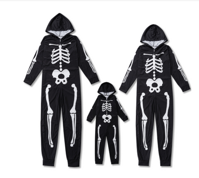 Black hooded one-piece skeleton pajamas with white bone print and front zipper, perfect for Halloween. - Image 7