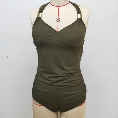 Olive green halter neck tankini swimsuit with a V-neck top and high-waisted bottoms on a model. - Image 18