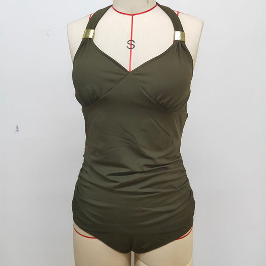 Olive green halter neck tankini swimsuit with a V-neck top and high-waisted bottoms on a model. - Image 18