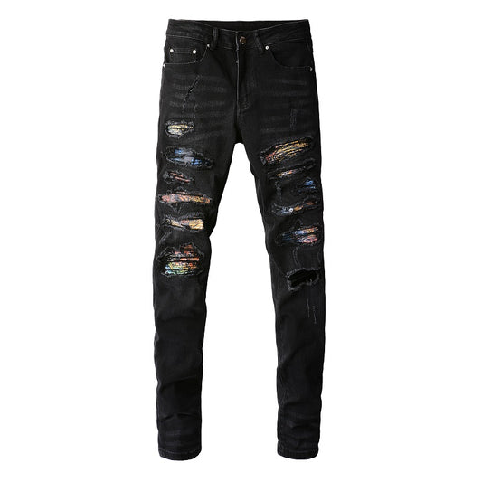 Jeans Rotos Elásticos para Hombre con Parches y Estampado Minimalista - Image 2