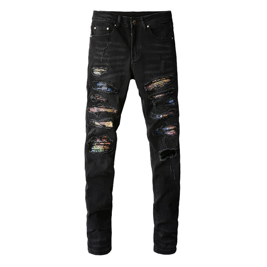 Jeans Rotos Elásticos para Hombre con Parches y Estampado Minimalista - Image 2