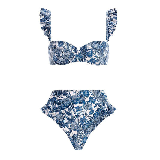 Purple and white floral high-waisted bikini with ruffled straps and push-up bandeau top. - Image 2