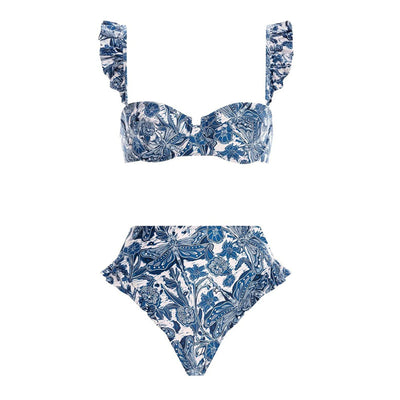 Purple and white floral high-waisted bikini with ruffled straps and push-up bandeau top. - Image 2