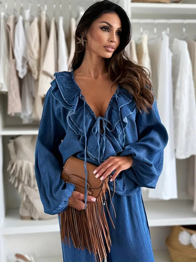 Traje Denim Retro Elegante Azul Marino para Mujer - Image 4