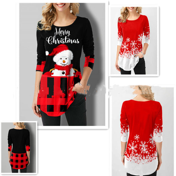 Camiseta Navideña Estampado Muñeco de Nieve Cuello Redondo Manga Larga