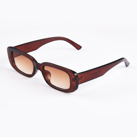 Rectangular tortoiseshell sunglasses with a small frame and dark gray lenses, angled on a white background. - Image 9