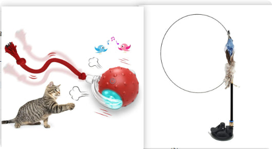 Interactive cat toy set featuring a blue rolling ball with a rope and a feather wand with a suction cup base. - Image 3