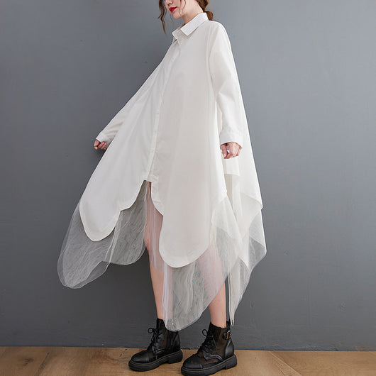 Vestido Camisero Holgado de Doble Capa con Malla Irregular - Image 4