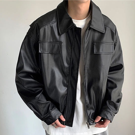 Chaqueta de Cuero Vintage para Motociclista Hombre Otoño