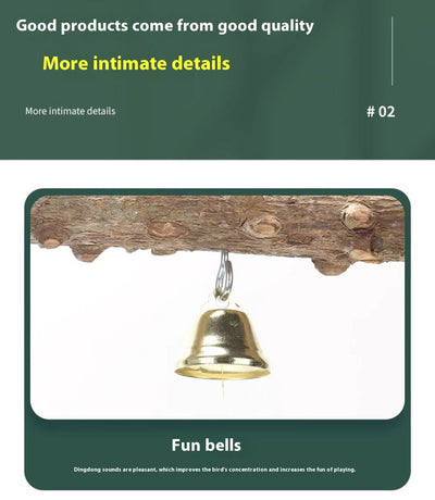 Colorful parrot swing toy with a natural wood perch, an arch of multicolored beads, and two small bells. - Image 19