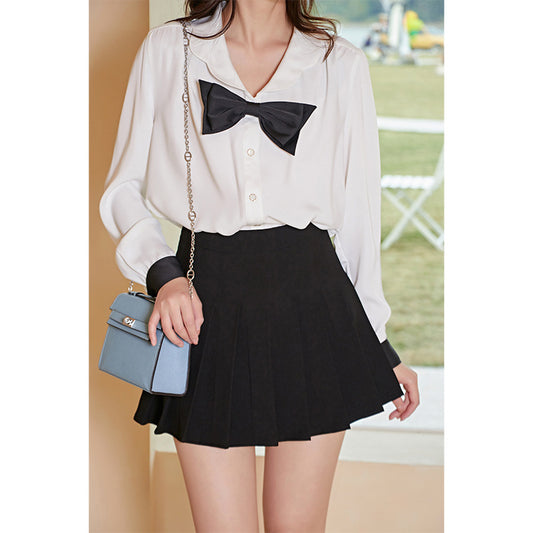 Blusa Elegante con Cuello Diseñador y Lazo Manga Larga