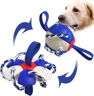 Red and green interactive dog football soccer ball with rope and fabric tabs for training and outdoor play.