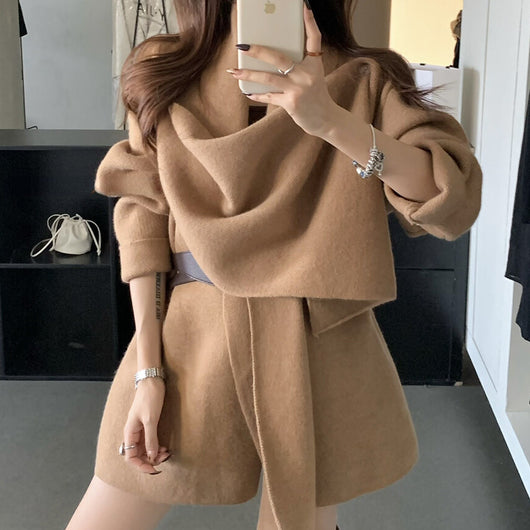 Cardigan Corto de Punto con Cuello de Bufanda y Cinturón para Mujer - Image 10