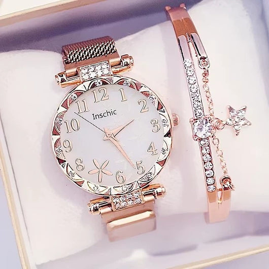 Conjunto de Reloj Pulsera Quartz con Cinturón y Rhinestones para Mujer