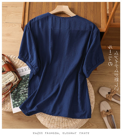 Blusa Suelta de Algodón y Lino con Escote V y Manga Corta para Mujer - Image 53