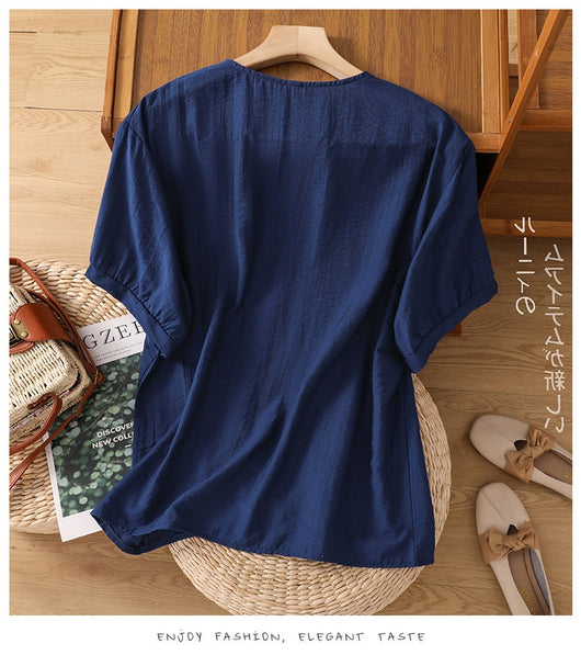 Blusa Suelta de Algodón y Lino con Escote V y Manga Corta para Mujer - Image 53