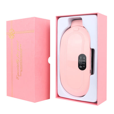 Pink electric stomach warming belt with lumbar support, digital display, and adjustable grey strap on a pink pedestal. - Image 4