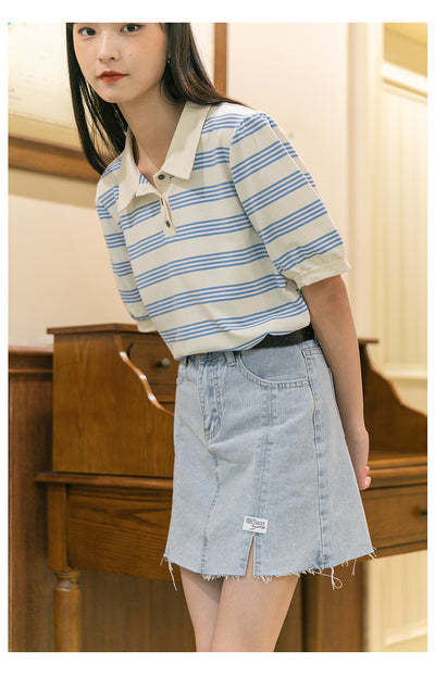 Camiseta Holgada de Algodón a Rayas con Cuello Solapa Estilo Coreano - Image 16