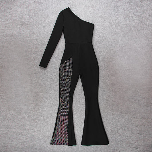 Jumpsuit Asimétrico de Cintura Alta con Pantalón Acampanado de Malla - Image 5