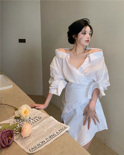 Vestido Camisero Blanco con Hombro Descubierto y Mangas Largas - Image 11