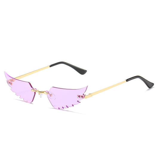 Red angel wings sunglasses with gold metal arms and black earpieces, featuring a unique rimless design. - Image 10
