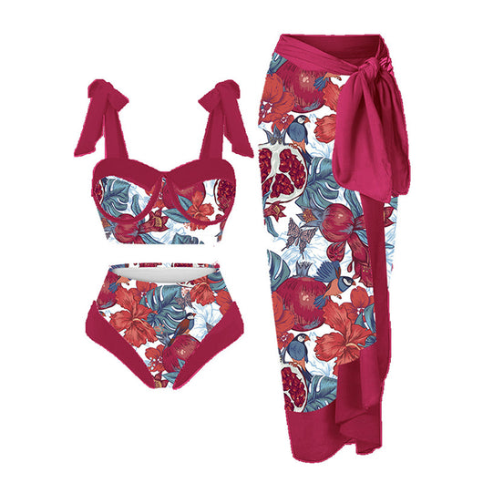 Women's three-piece swimsuit with tropical pomegranate, hibiscus, and bird print bikini and magenta sarong. - Image 10