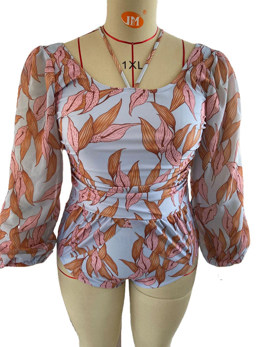 Women's light blue one-piece swimsuit with pink and orange leaf print, long sheer chiffon sleeves, and ruched details. - Image 5