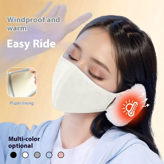 Pink ear-mounted warm mask with plush off-white ear protection, made from cotton for winter and autumn.